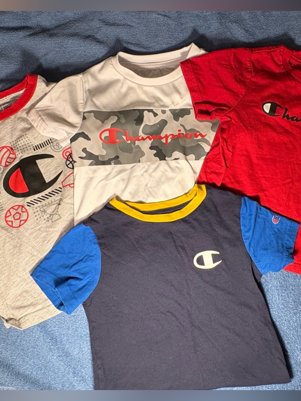 Champion 4T Boys Tee Bundle (4) Logo Graphic Shirts Red Gray Blue Camo